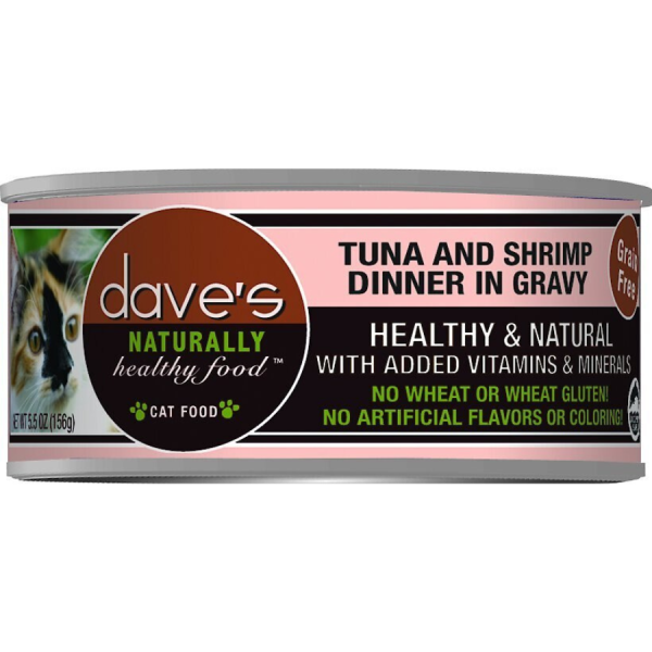 Dave s Pet Food Naturally Healthy Grain-Free Grilled Tuna & Shrimp Dinner in Gravy Canned Cat Food 5.5-oz For Sale